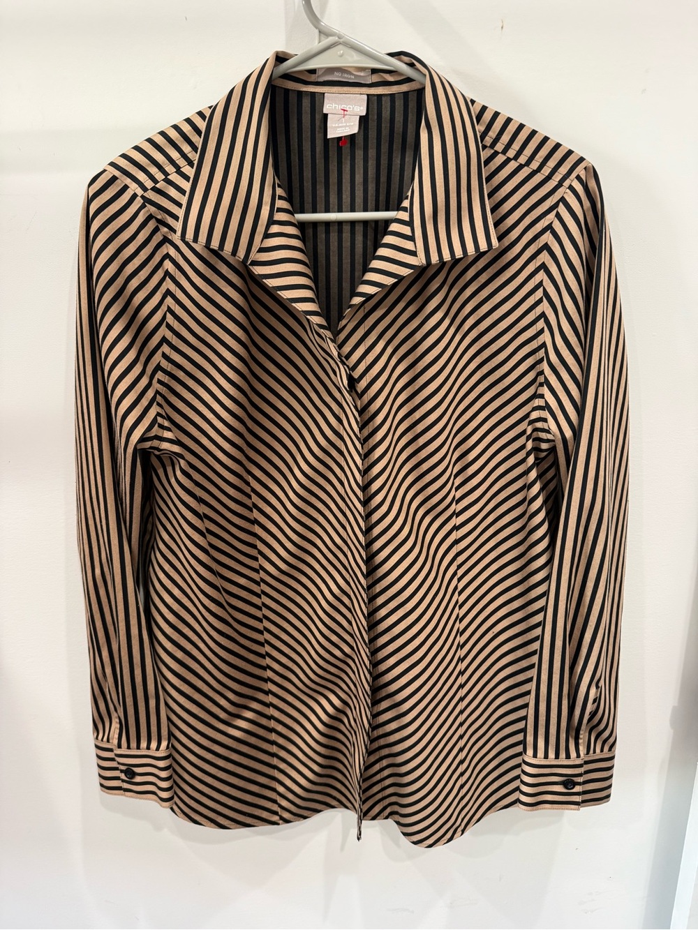 Chico's Beige and Black Striped Button-Front Top
